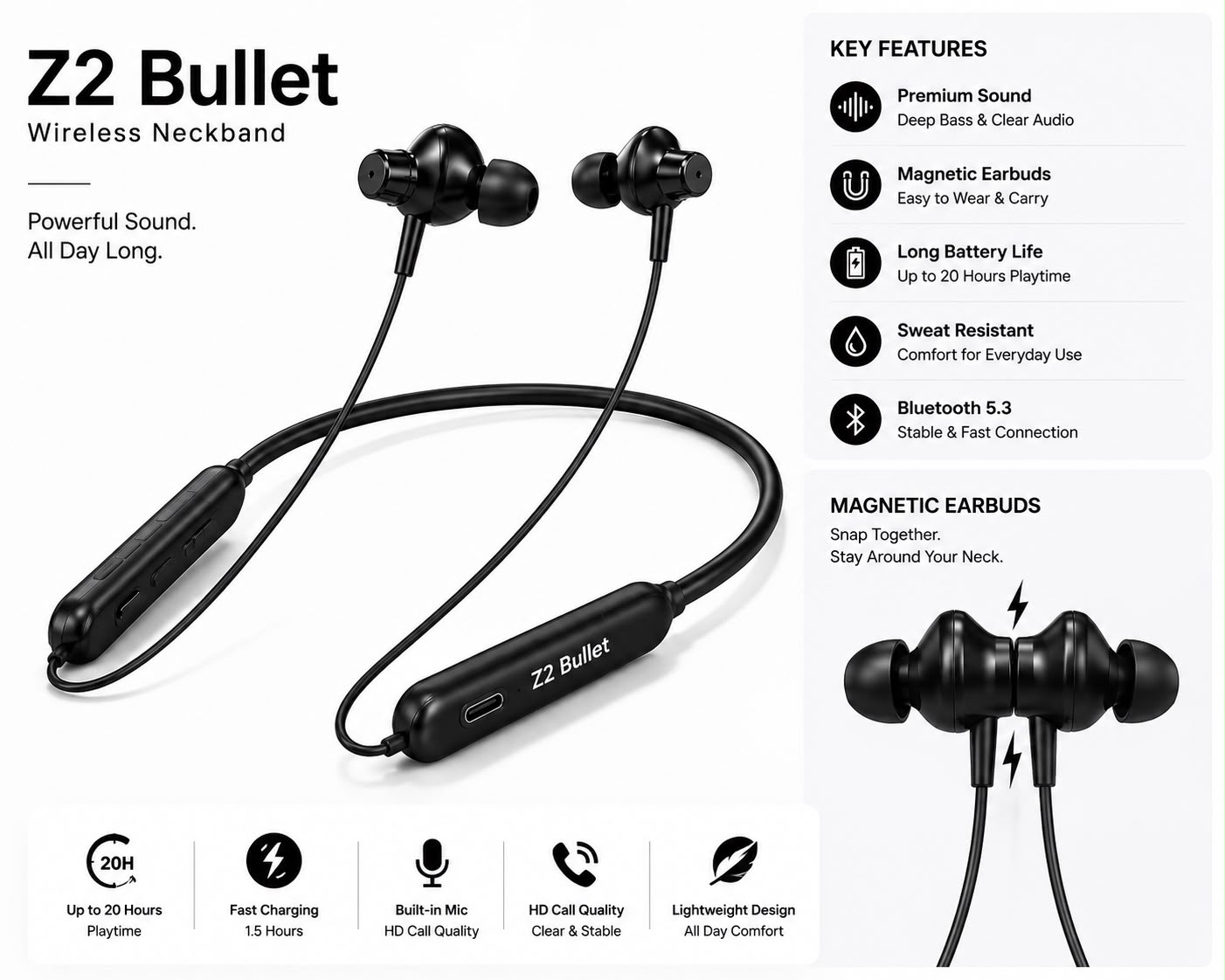 Vexlo Z2 Bullet Wireless Neckband with Deep Bass, HD Sound, Magnetic Earbuds, Built-in Mic & Comfortable Fit for Music, Calling & Daily Use ( Black ) - Image 2