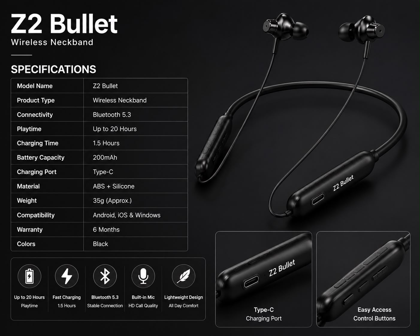 Vexlo Z2 Bullet Wireless Neckband with Deep Bass, HD Sound, Magnetic Earbuds, Built-in Mic & Comfortable Fit for Music, Calling & Daily Use ( Black ) - Image 3